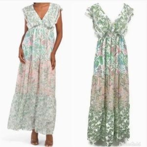 House of Harlow 1960 Pink & Green Floral Tiered Maxi Dress